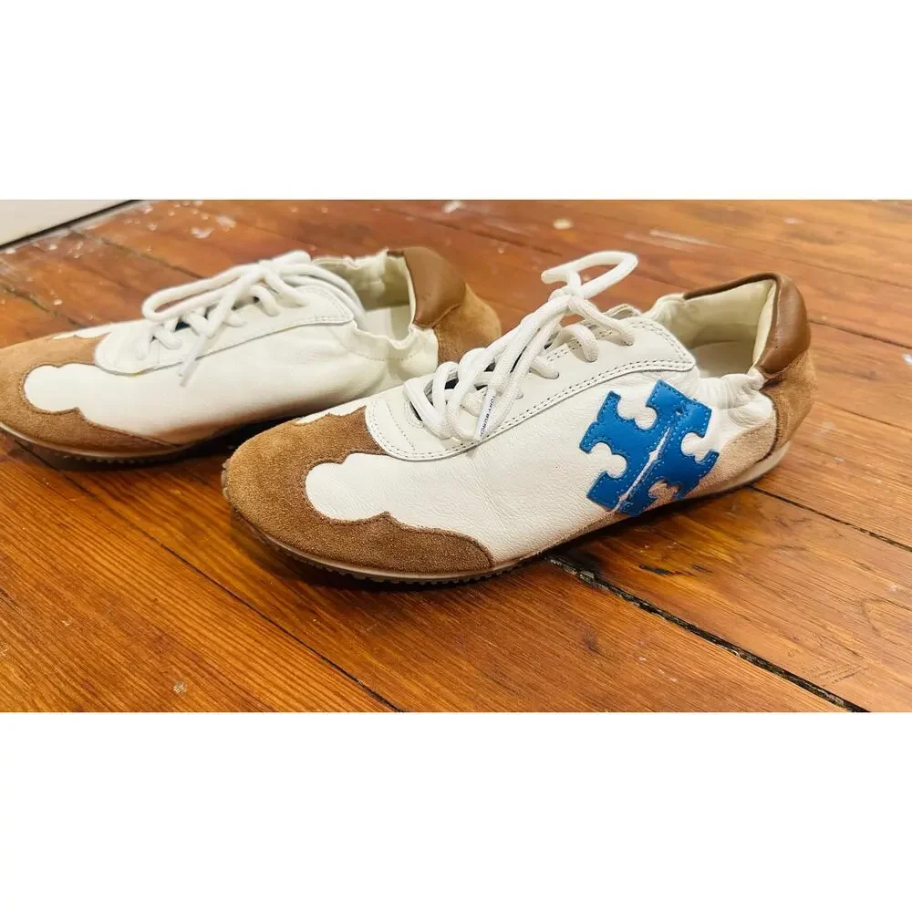 TORY BURCH Bellflower Blue Ivory Leather Suede Active Tory Sneakers size 6.5